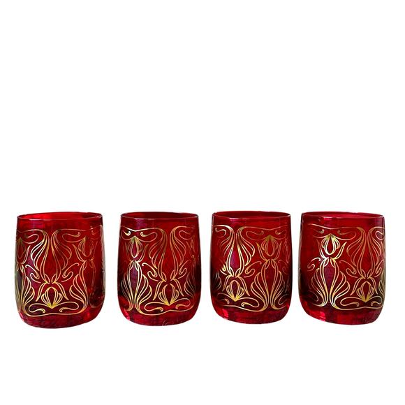 Neiman Marcus Holiday Red Gold Double Old Fashion Glass Tumbler Gift Set of 4 - Picture 13 of 15